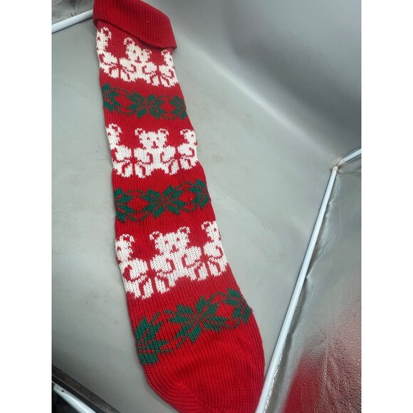 Christmas large stocking knit bear snowflakes red green white 2 hooks 38" READ - Picture 6 of 6